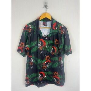 OAF Nation Mens XL Tropical Skull Mohawk Button Down Shirt Black Floral Hibiscus
